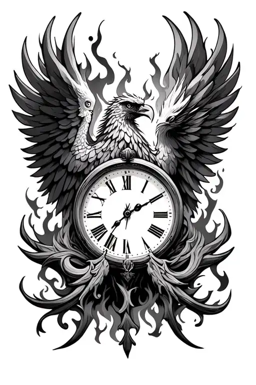 Clock burning with phoenix tattoo design idea