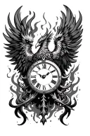 Clock burning with phoenix tattoo design idea