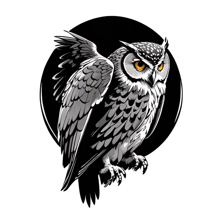 Owl soaring in the air. Looks down. The wings are straightened. tattoo design idea