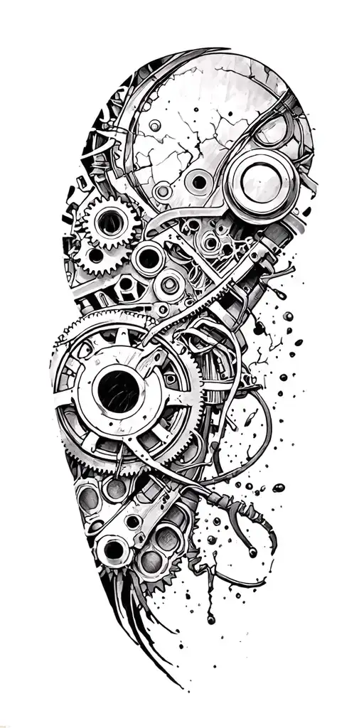 metal parts, gears, pipes, wires, torn skin effect,  realism, black and gray color scheme. On arm tattoo design idea
