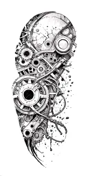 metal parts, gears, pipes, wires, torn skin effect,  realism, black and gray color scheme. On arm tattoo design idea
