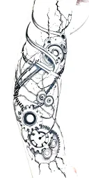 metal parts, gears, pipes, wires, torn skin effect,  realism, black and gray color scheme. On arm tattoo design idea