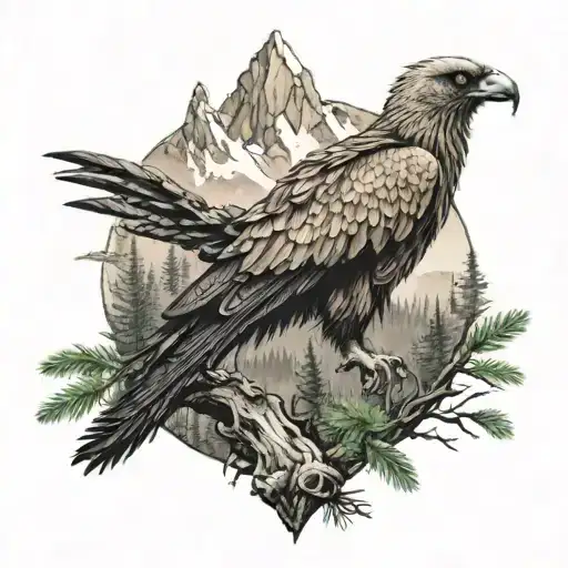 Alpine mountain fir forest with bearded vulture tattoo design idea