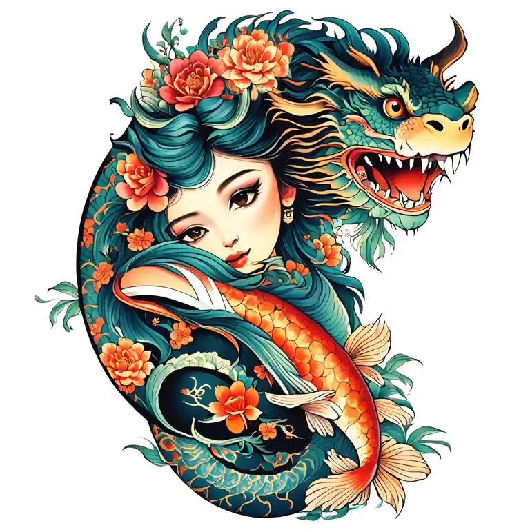 Japanese, dragon, geisha girl, koi carp Masonic symbols, bright colours, flowers, full colour tattoo design idea