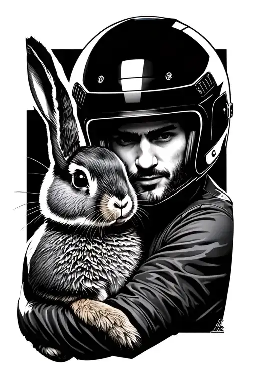 A man wearing a motorcycle helmet and hugging a rabbit tattoo design idea