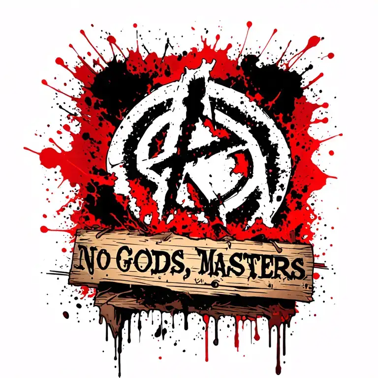 Anarchy sign and under it a rotten board with the inscription No Gods, No Masters tattoo design idea