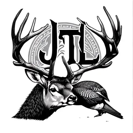 "JTL" deer antlers and pheasant hunting scene tattoo design idea