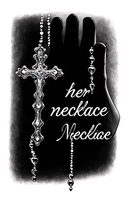 "her necklace" hand tattoo of cross with rosary beads going down wrist saying her necklace tattoo design idea