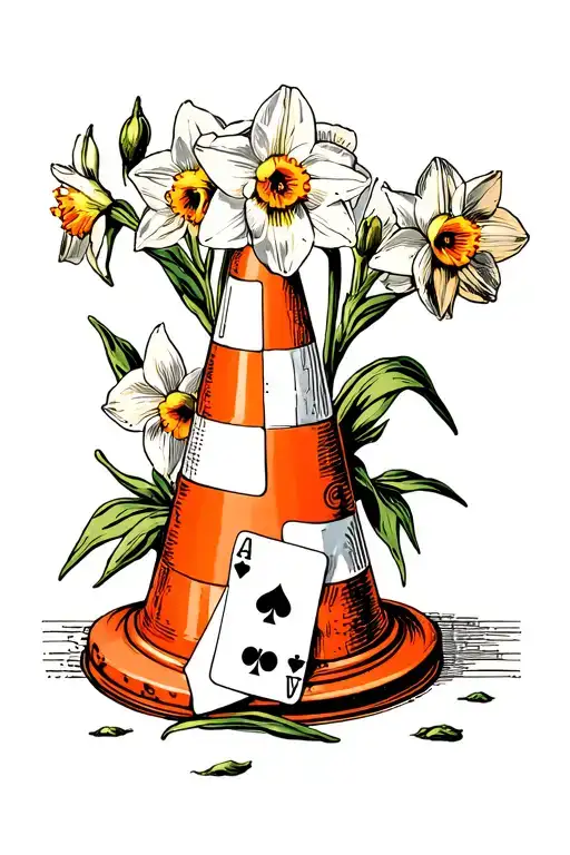 traffic cone with narcissus flowers and playing cards tattoo design idea