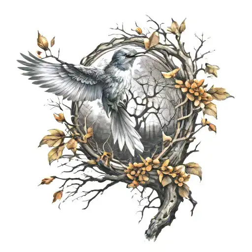 posion tree and mocking jay bird tattoo design idea