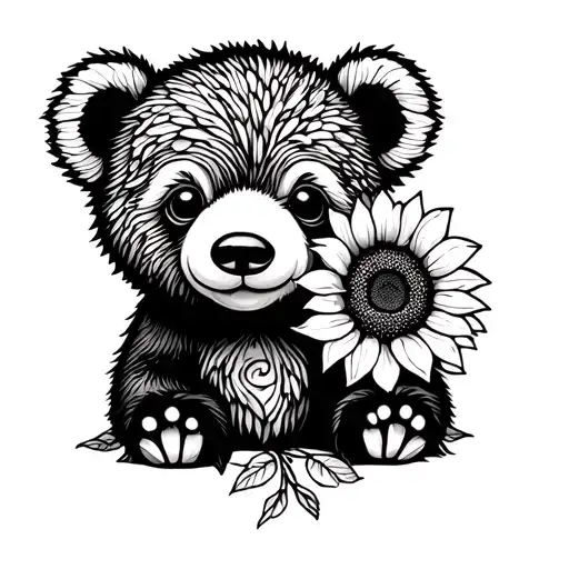 cute baby bear with sunflowers and roses tattoo design idea