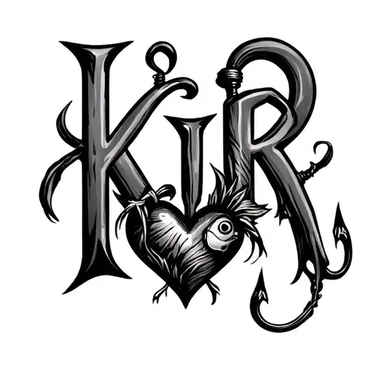"KjR" heart and salt water fishing hook intertwined tattoo design idea