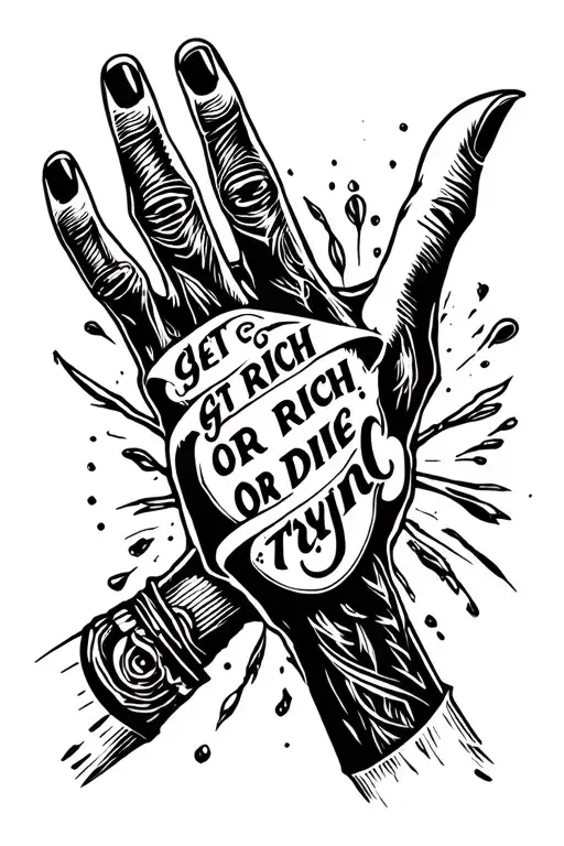 finger and hand tattoo with the words "get rich or die trying" in a cool font tattoo design idea