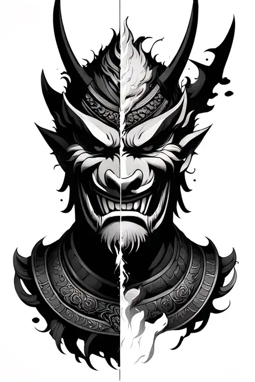 Japanese warrior oni mask split in half face tattoo design idea