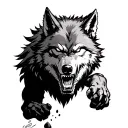 An angry wolf chasing vertically mens forearm tattoo design idea