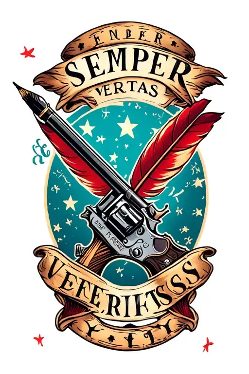"SEMPER VERITAS" quill pen crossed with flintlock pistol tattoo design idea