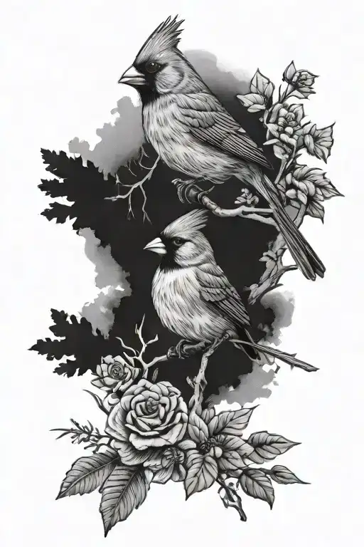 two cardinal perched in nature tattoo design idea