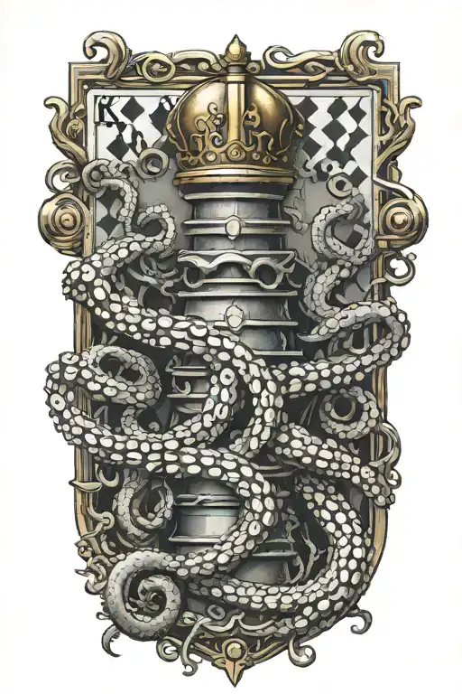 playing card with octopus tentacles and chains wrapped around a chess piece king and a three pronged spear tattoo design idea