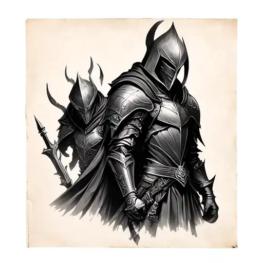 Can you make a tattoo idea on a paper with Knight Artorias ( who will be on top ) , the Abyss Watchers 2 of them on side tattoo design idea