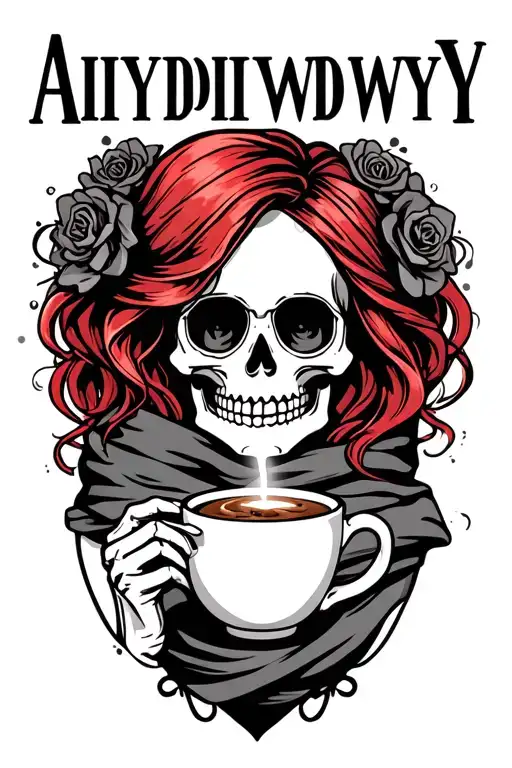 "AIYDIWDWY" skeleton sugar skull with a hair scarf wrapped around red hair drinking a steaming coffee tattoo design idea