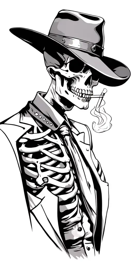 Negative Space mysterious skeleton in a suit with a cowboy had smoking a cigarette tattoo design idea