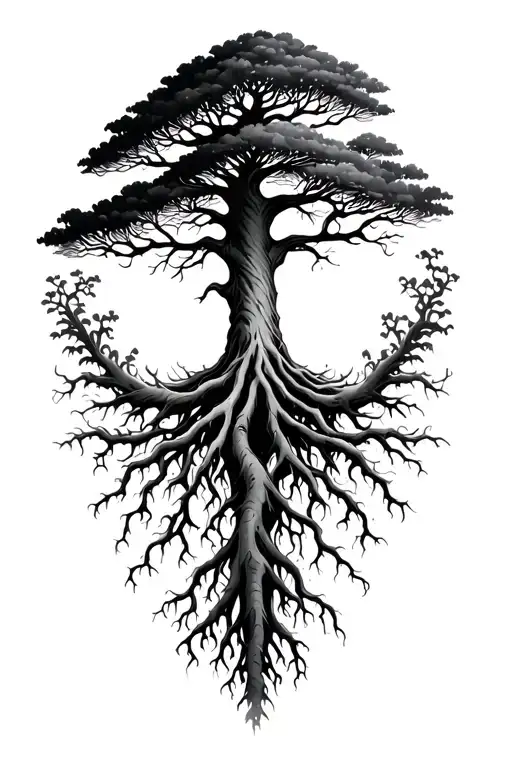 a tree with deep roots and patterns around it tattoo design idea