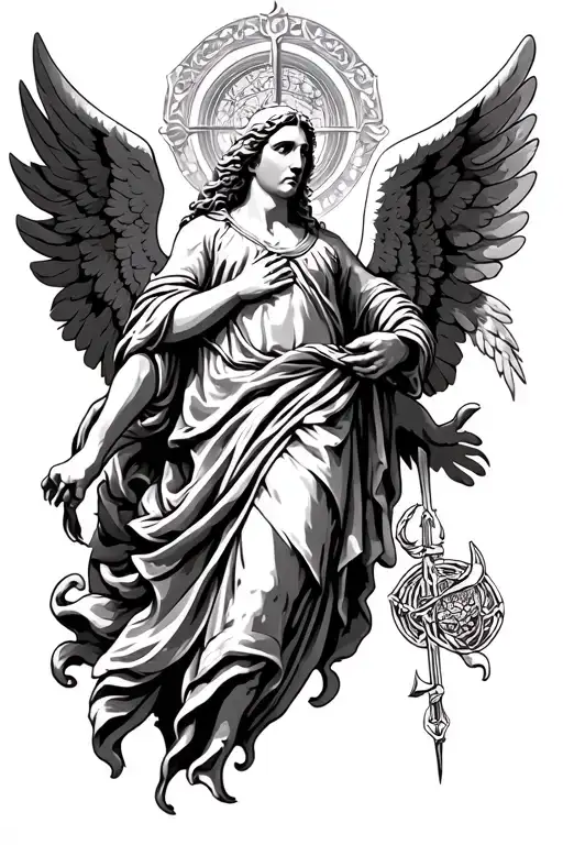 full sleeve black and white with angel symbolism including archangel michael tattoo design idea