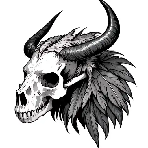 Longhorn feathered skull With horns bahamut head tattoo design idea