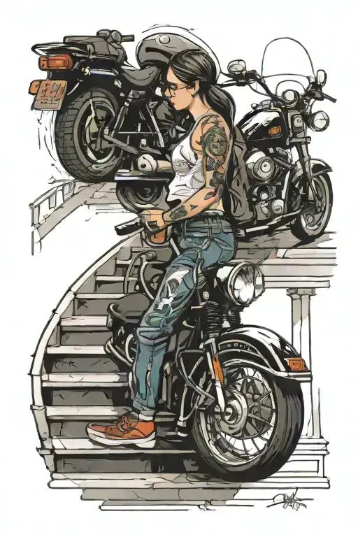 Girl walking down the stairs and Harley Davidson motorcycle father watching her tattoo design idea