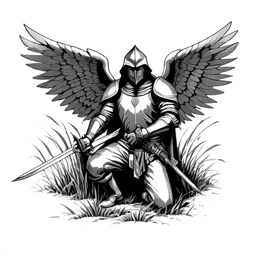 The knight is standing on one knee with his sword stuck in the ground, he has large angelic wings spread out, and in the background there is dry grass. tattoo design idea
