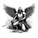 The knight is standing on one knee with his sword stuck in the ground, he has large angelic wings spread out, and in the background there is dry grass. tattoo design idea