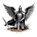 The knight is standing on one knee with his sword stuck in the ground, he has large angelic wings spread out, and in the background there is dry grass. tattoo design idea