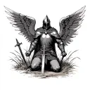The knight is standing on one knee with his sword stuck in the ground, he has large angelic wings spread out, and in the background there is dry grass. tattoo design idea