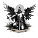 The knight is standing on one knee with his sword stuck in the ground, he has large angelic wings spread out, and in the background there is dry grass. tattoo design idea