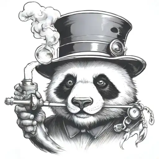 Panda bear head with a bowler hat smoking a tobacco pipe with soap bubbles coming out, with a steampunk-style biomechani tattoo design idea