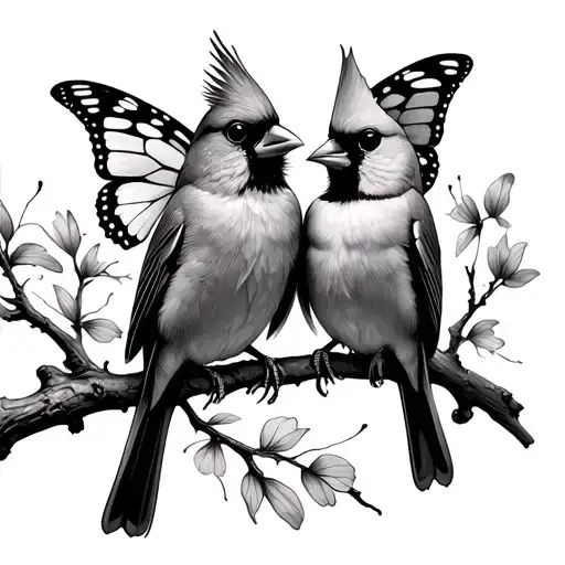 2 cardinals sitting on a branch butterflies tattoo design idea