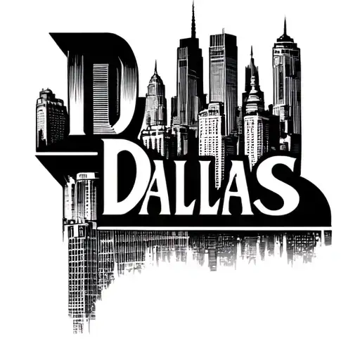 Bold letters saying Dallas & on the outside of the word is showing the Dallas skyscrapers view tattoo design idea
