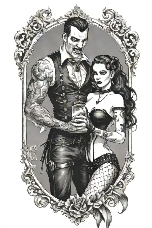realistic scene of a gothic pinup girl waering corset and fishnets being bitten by a scary male vampire tattoo design idea