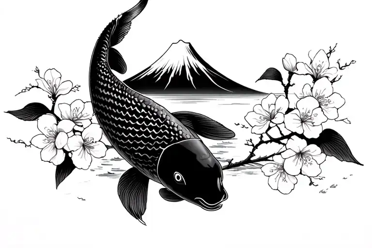 Cherry blossoms, koi carp, Mount Fuji, Shinto shrine tattoo design idea