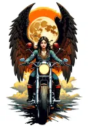 Angel Seraphim, a full moon and clouds, cracked asphalt and motorcycle tattoo design idea