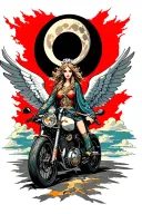Angel Seraphim, a full moon and clouds, cracked asphalt and motorcycle tattoo design idea