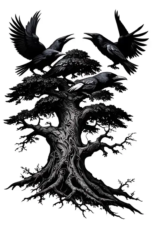 Orin's world tree with ravens on each side profile traditional tattoo design idea