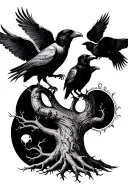 Orin's world tree with ravens on each side profile traditional tattoo design idea