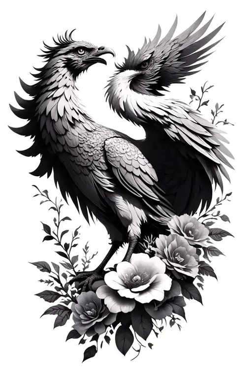 rising phoenix bird with Harry Potter elements and flowers tattoo design idea