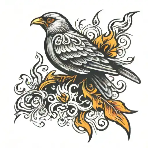 bird and flames side of neck tattoo design idea