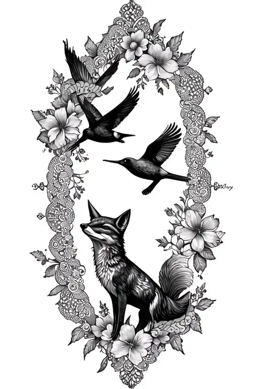 floral lace with birds flying, fox trotting tattoo design idea