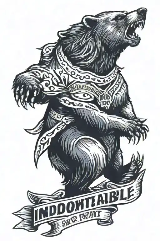 A bear with an open mouth and the phrase: "Indomitable strength of spirit" tattoo design idea