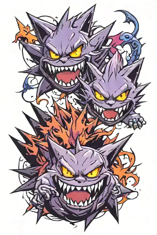 Gengar, Haunter and gaslty and in the background the outline of mega gengar tattoo design idea