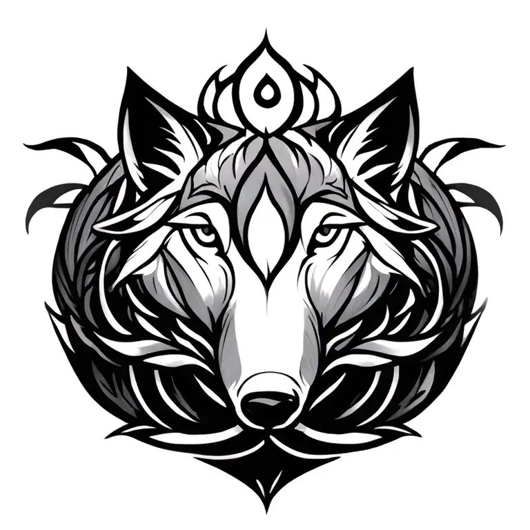 wolf, lotus, breath sanskrit symbol intertwined tattoo design idea