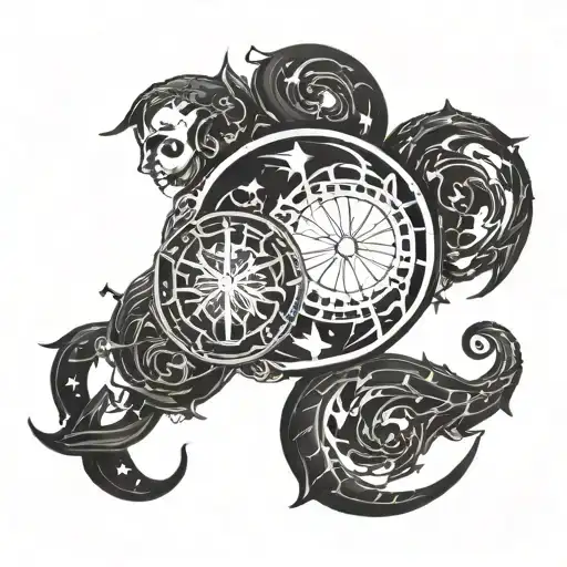 A celestial twins design merging Cancer and Gemini symbols in a blackwork style tattoo design idea